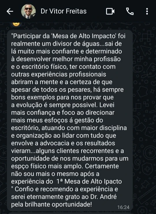 Mensagem de WhatsApp do Dr. Vitor Freitas sobre a 1ª Mesa de Alto Impacto